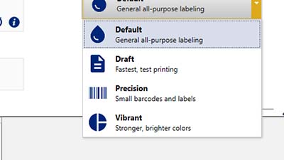 Logiciel Brady Workstation affichant une liste de sélection proposant différents modes d’impression, tels que Brouillon, Haute précision et Couleurs éclatantes.